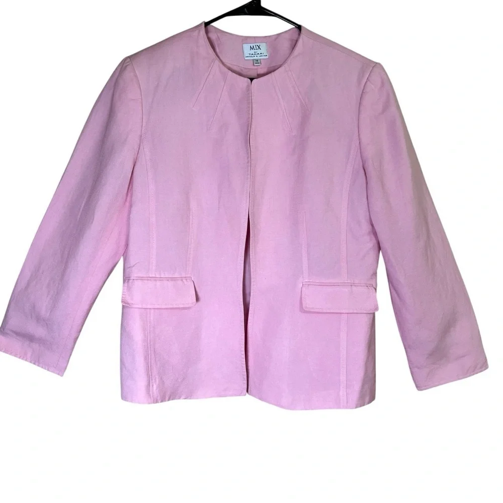 Tahari Arthur S Levine MIX Womens 2-pc Linen Blend Pink Suit Jacket Skirt Sz 16